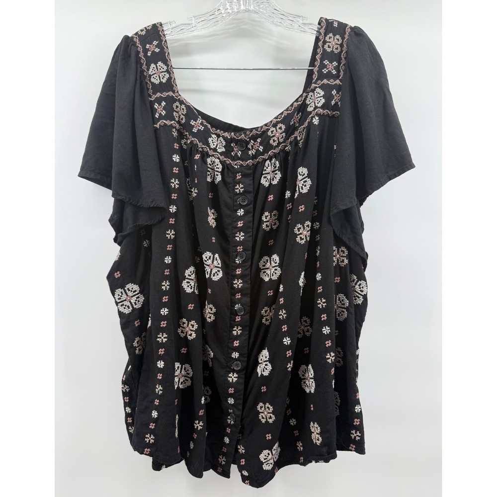Torrid Women 5 Black Embroidered Square Neck Button Front Linen Blend Blouse 5X